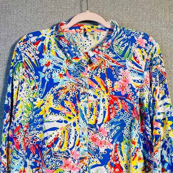 John Mark XL Multicolor Floral Embroidered Eyelet Roll Tab Sleeve Button Down - Picture 2 of 8